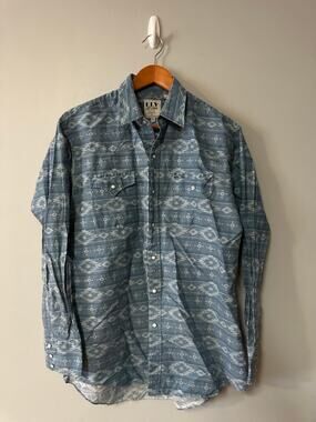 ELY Cattleman Western Shirt Mens Medium Blue Aztec Snap Button Cowboy Rodeo